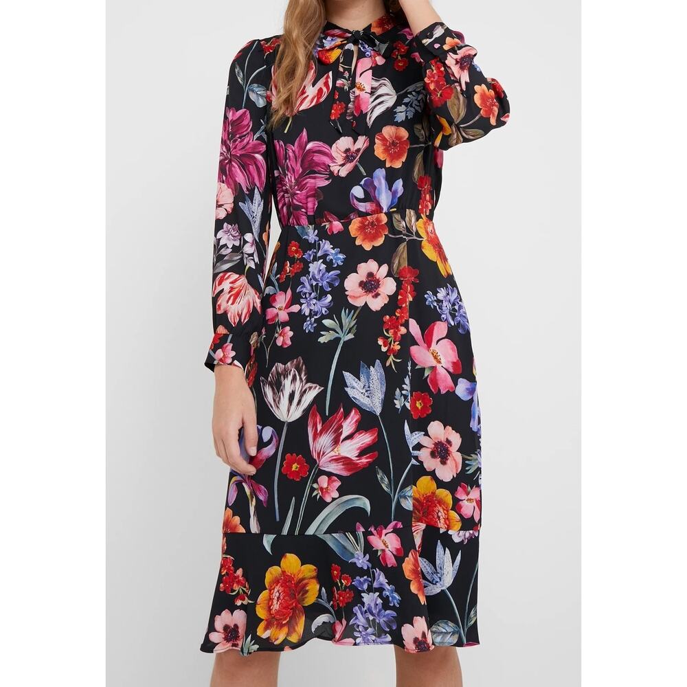 J.CREW Midnight Dutch Floral Midi Dress Tie Neck Long Sleeve Black | Size 4T
